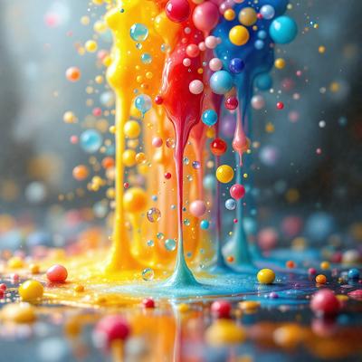 The primary subject of the image is a colorful, swirling, and bubbling mixture of paint, which appears to be a digital art or illustration. The setting is a black background, which contrasts with the vibrant colors of the paint. The visual style is artistic and creative, showcasing the artist's skill in blending colors and creating a dynamic scene. The colors and mood of the image are lively and energetic, with a sense of movement and excitement.